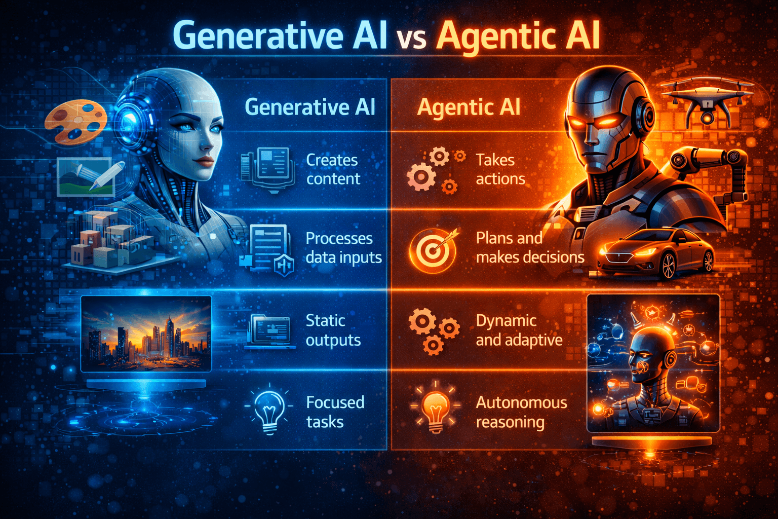 Visual comparison table of Generative AI vs Agentic AI features